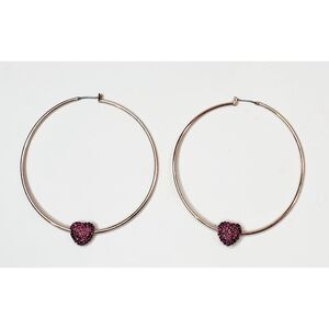 Betsey Johnson Fuschia Crystal Pave Heart Rose Gold Tone Hoop Earrings